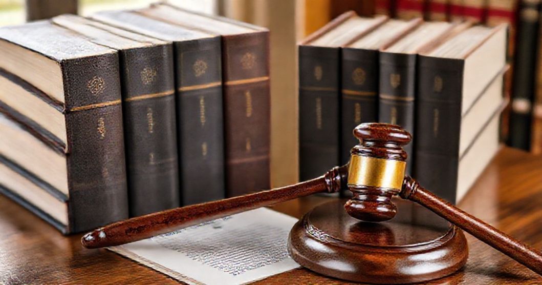 Libri di legge su un tavolo con un martelletto